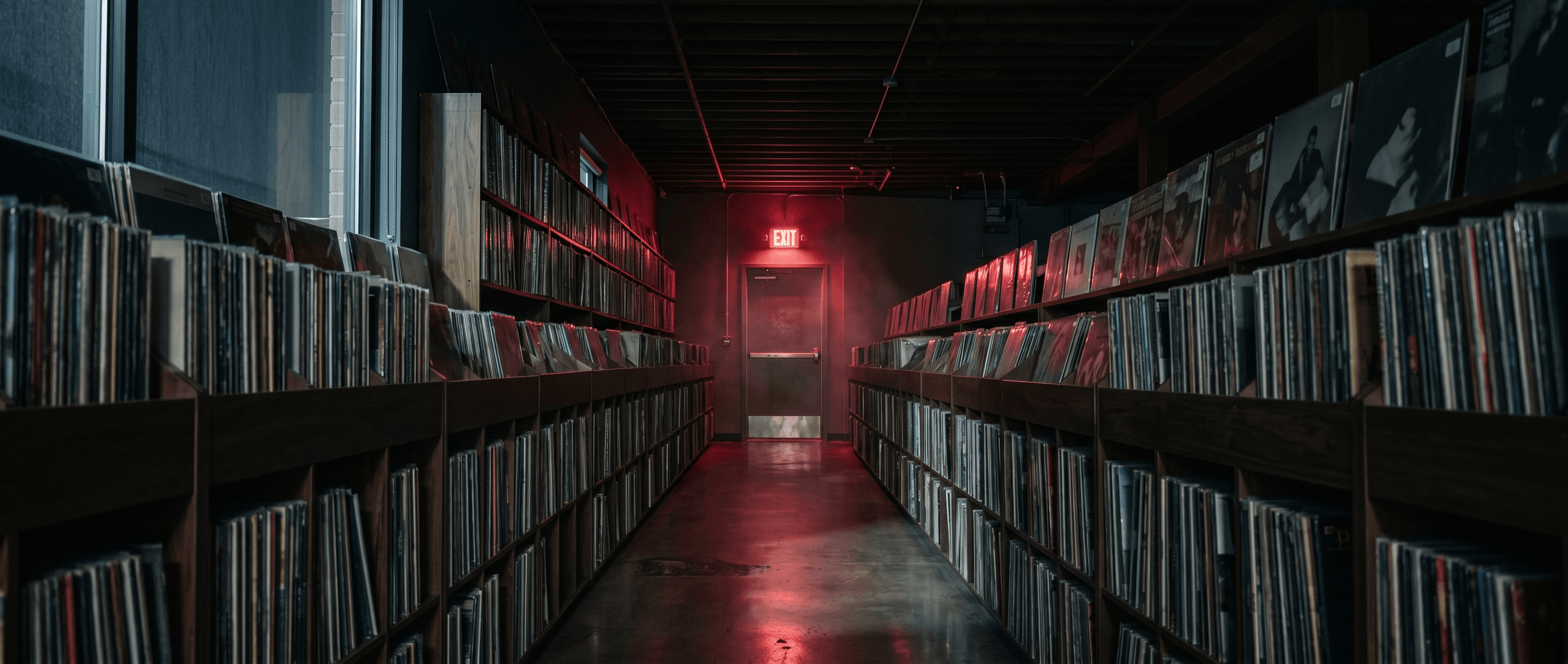 Empty independent record store at three in the morning, long aisle of vinyl record shelves stretching to a vanishing point, red EXIT sign glowing at the back, cool moonlight bleeding from a side window