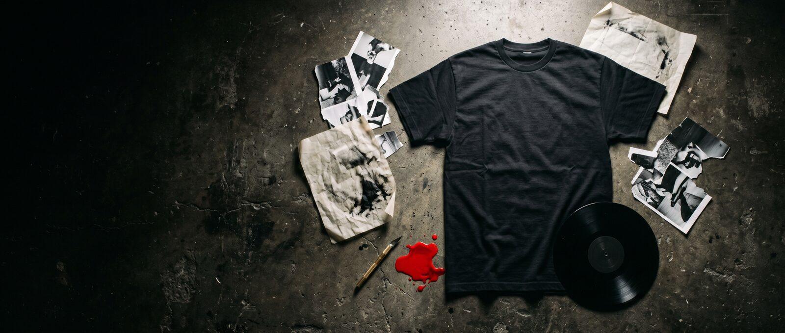 Overhead lay-flat of a heavyweight black cotton t-shirt with mixed-media collage materials