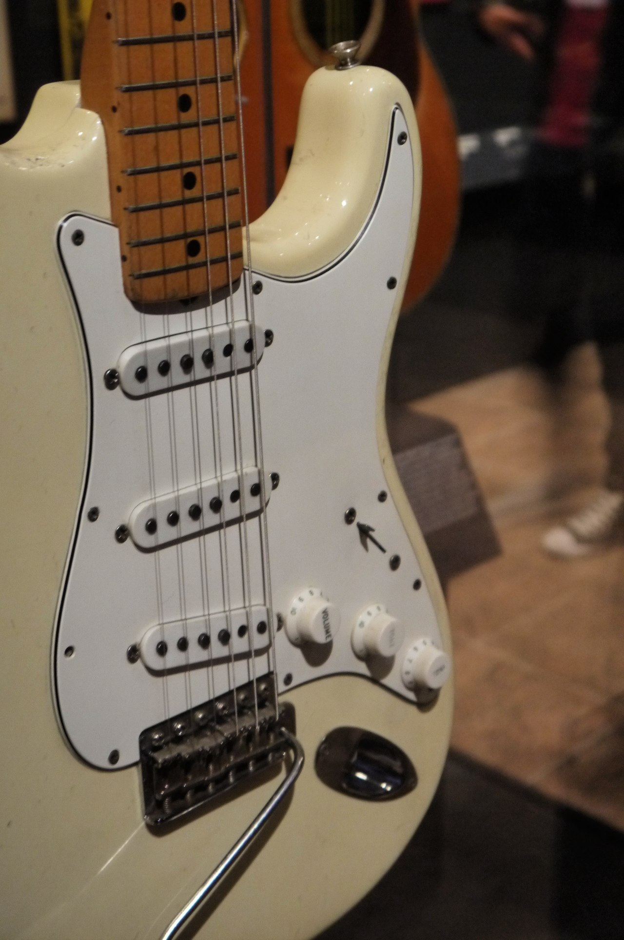 Jimi Hendrix's Fender Stratocaster (1968) in Olympic White, purchased in New York in 1968, played on legendary 1969 Woodstock performance, and used until about 1970 - Play It Loud. MET (2019-05-13 19.46.44 by Eden, Janine and Jim).jpg