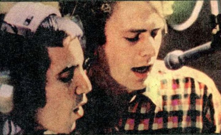 Simon and Garfunkel in a 1969 recording session, near the end of the partnership.