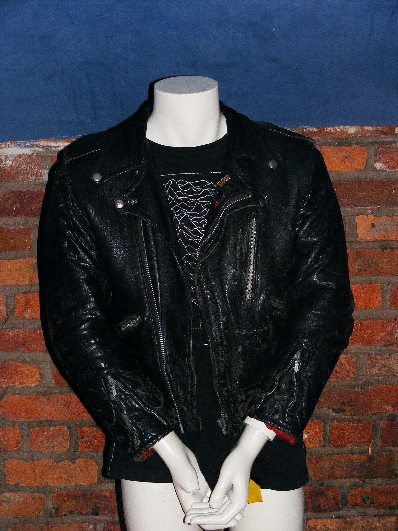 Unknown Pleasures knit sweater & leather jacket - Joy Division Exhibition, Manchester, 2010 (2010-05-19 13.05.47 by Man Alive!).jpg