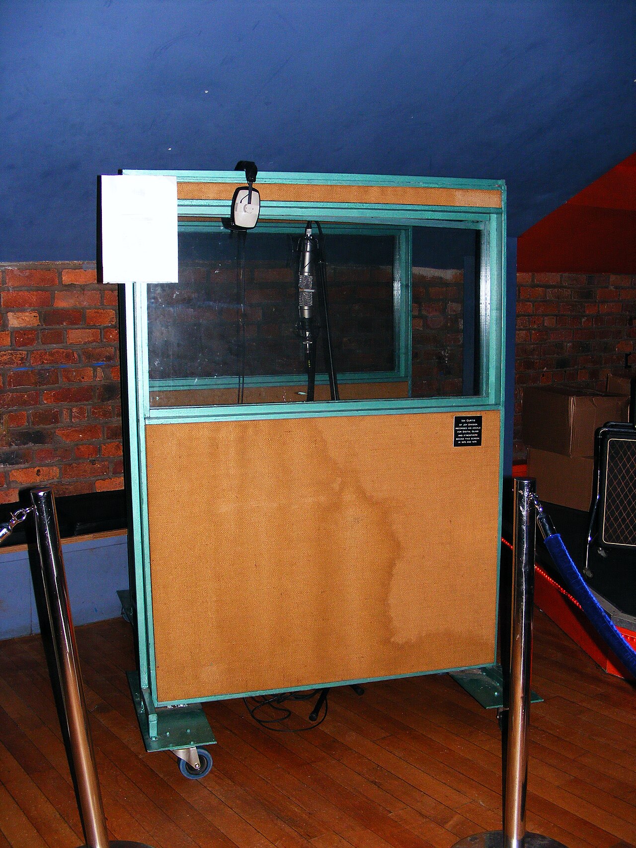 Sound Baffle for vocal recording - Ian Curtis of Joy Division recorded his vocals for Digital Glass and Atmosphere behind this screen in 1978 and 1979. Joy Division Exhibition, Manchester, 2010 (2010-05-19 13.12.01 by Man Alive!).jpg