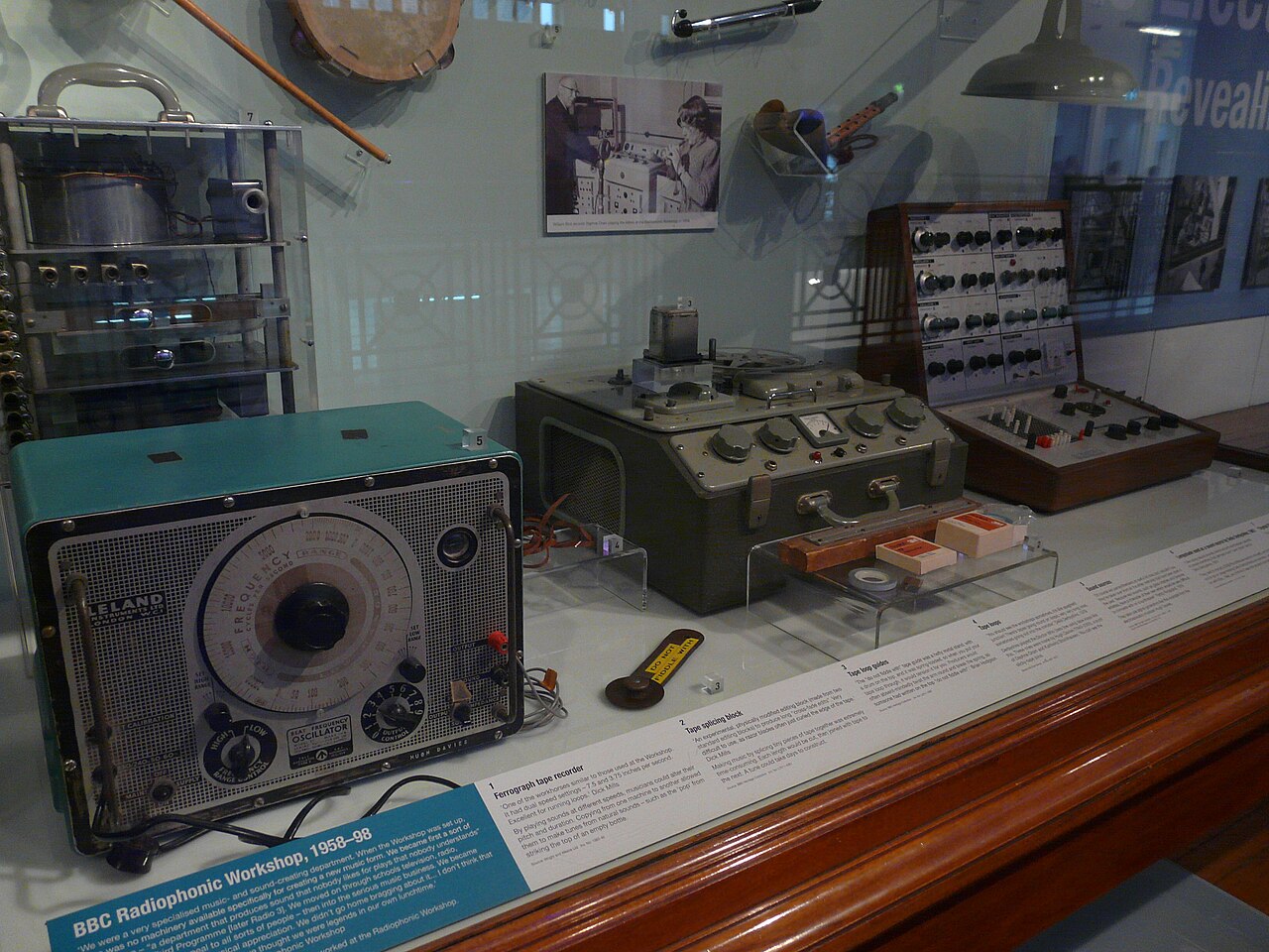 BBC Radiophonic Workshop (1958-98) machines - Tape Recorder with tape loop equipment, Beat Frequency Oscillator & EMS Putney VCS3.jpg