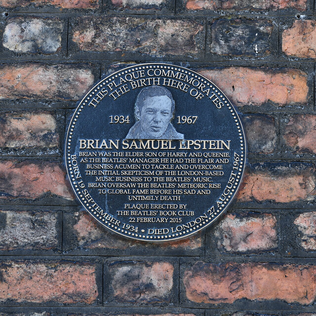 Liverpool, 4 Rodney Street, Plaque commemorating the birth of Brian Epstein, the Beatles' manager - geograph.org.uk - 7768536.jpg