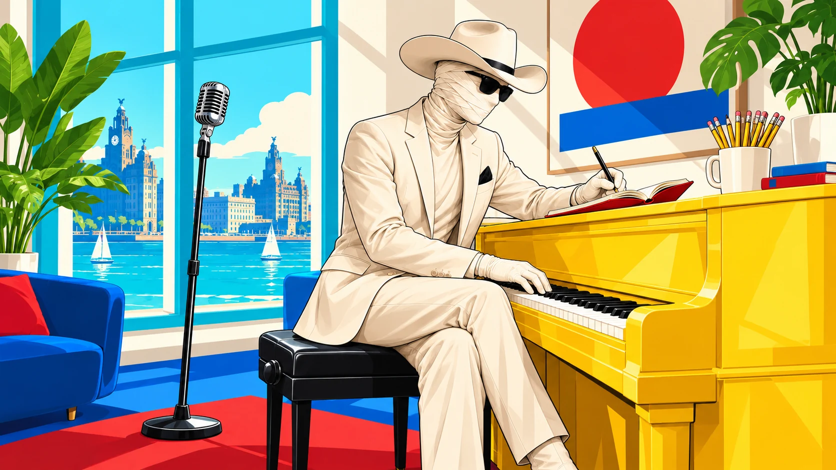 Illustration of Kurtis Delight writing music beside a yellow piano in Liverpool